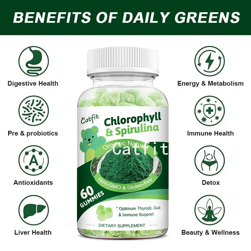 Catfit Chlorophyll and Spirulina Gummies Booster Digestion and Seaweed Vegetarian Candy Vascular health nutritional supplements