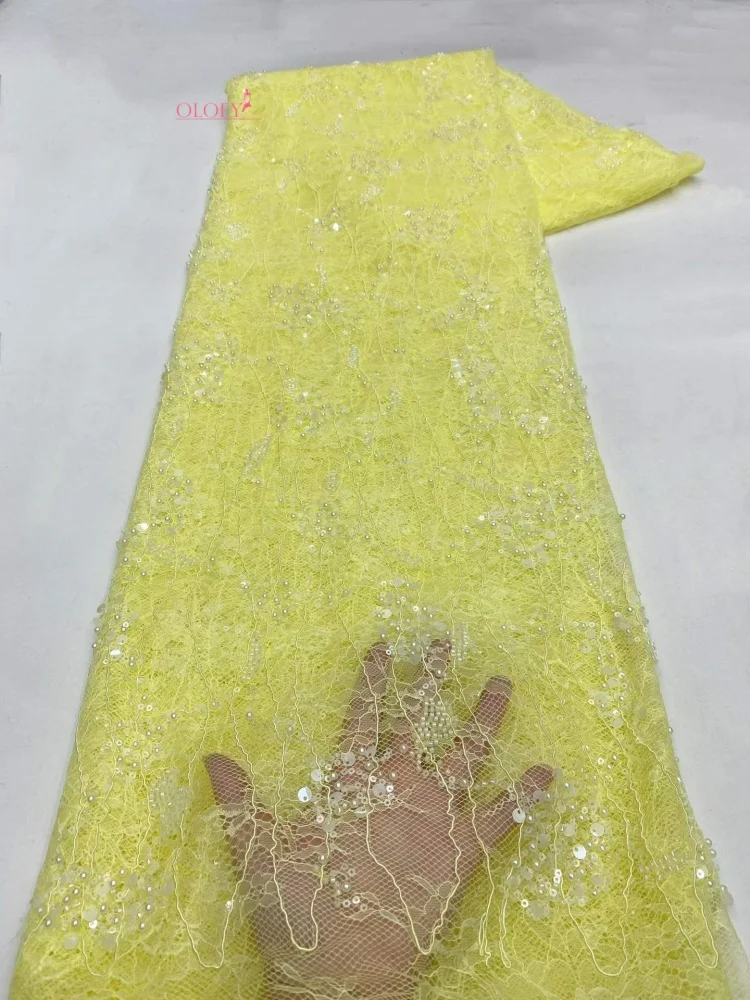 OLOEY 5 yardas de tela de encaje bordado africano con lentejuelas y diseño de cuentas francesas nigerianas para costura de vestidos de novia