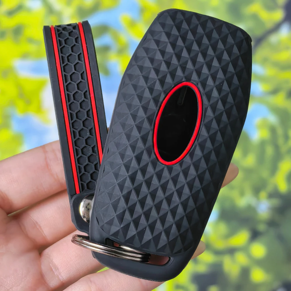 Durable Red Border Key Sleeve With Keychain, Diamond Texture Cover For Ford Fusion F150 Edge Mustang Lincoln MKZ MKC Platinum
