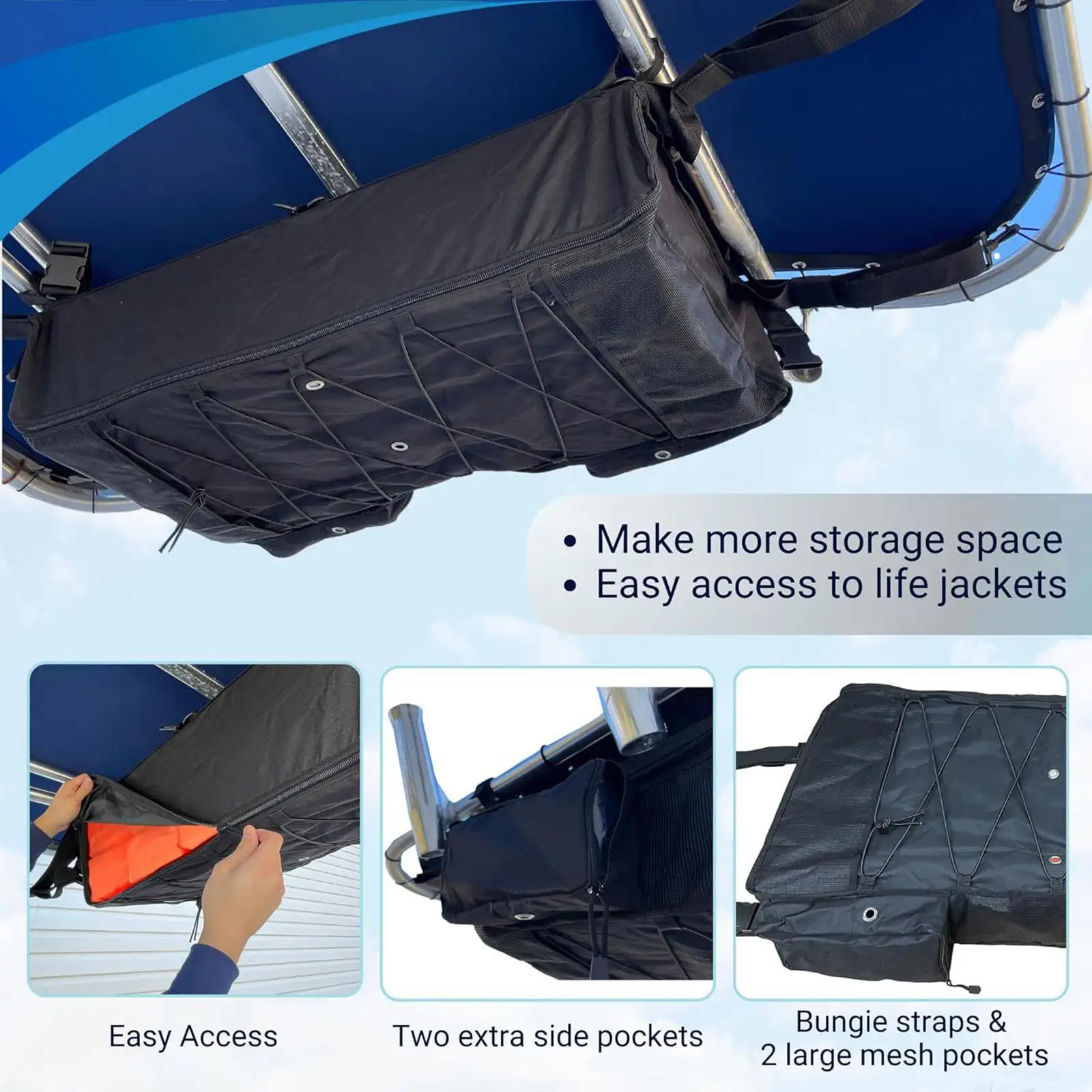 

Boat Life Jackets Storage Bag Black Breathable Mesh Organizer with Pockets for Accessories Marine Interior