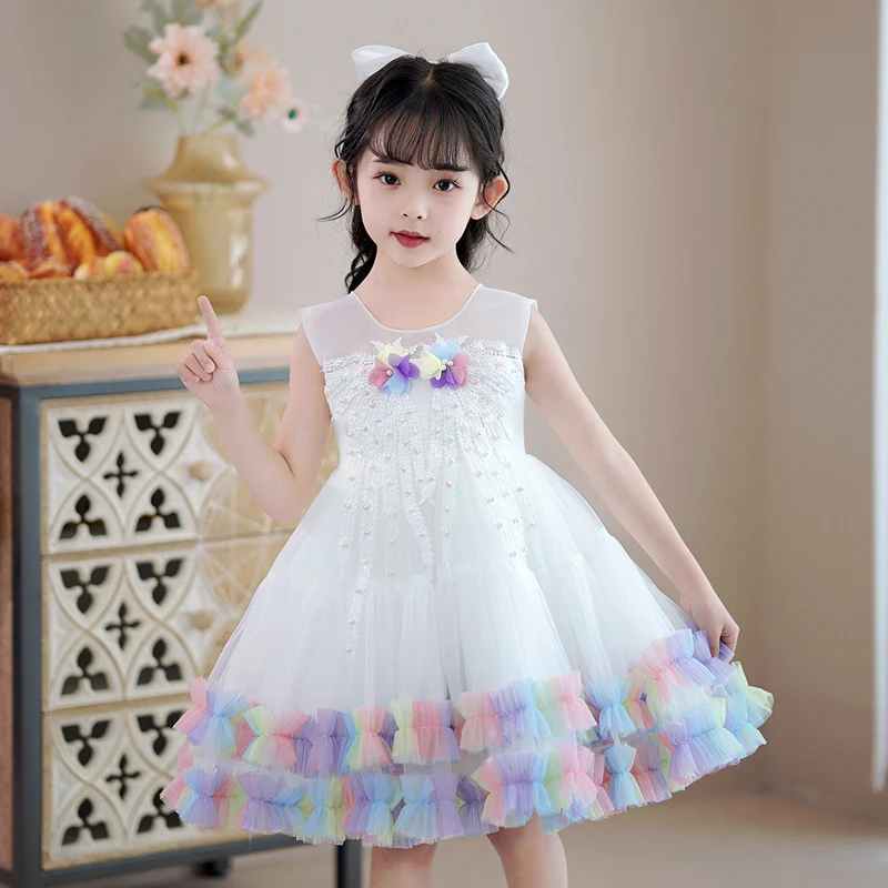 Girls sleeveless princess skirt mesh gauze pompous short style jumpsuit bow daily seaside holiday 8189