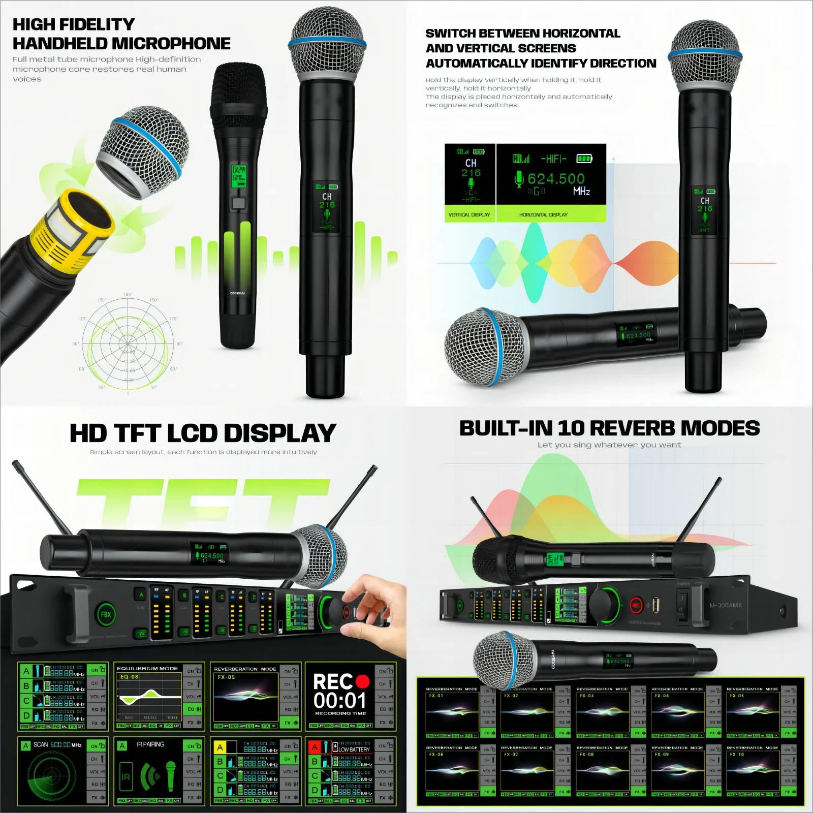 GMW-M300 ميكروفون لاسلكي 200 متر التنوع الحقيقي 4-قناة عواء FBX المرحلة نظام ميكروفون الكاريوكي #5