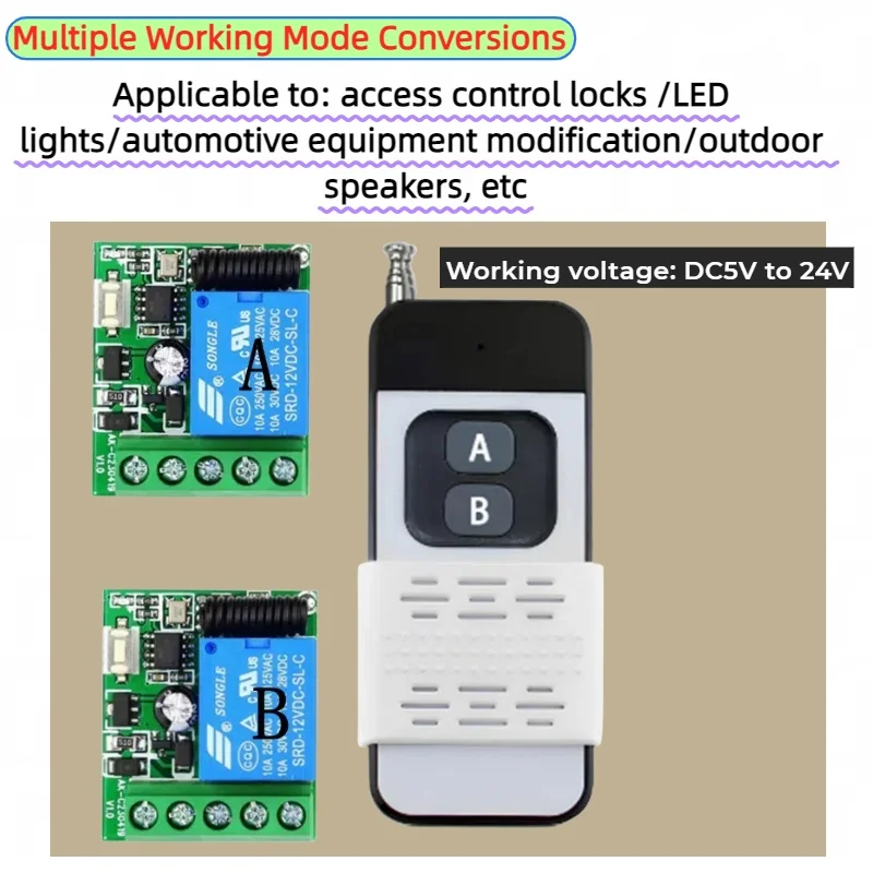 

1CH RF Remote Control Switch DC5V/12V/24V Wide Voltage Wireless LED Light Strip Small Motor Electromagnetic Locks Control