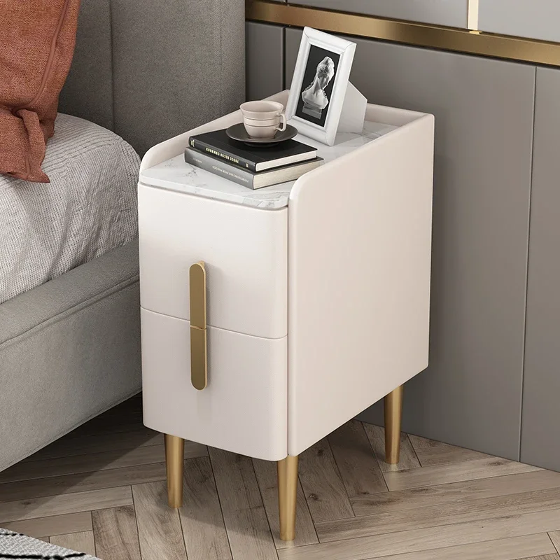 Small ultra-narrow bedside table simple modern luxury leather bedside cabinet rock plate mini home storage slit narrow cabinet