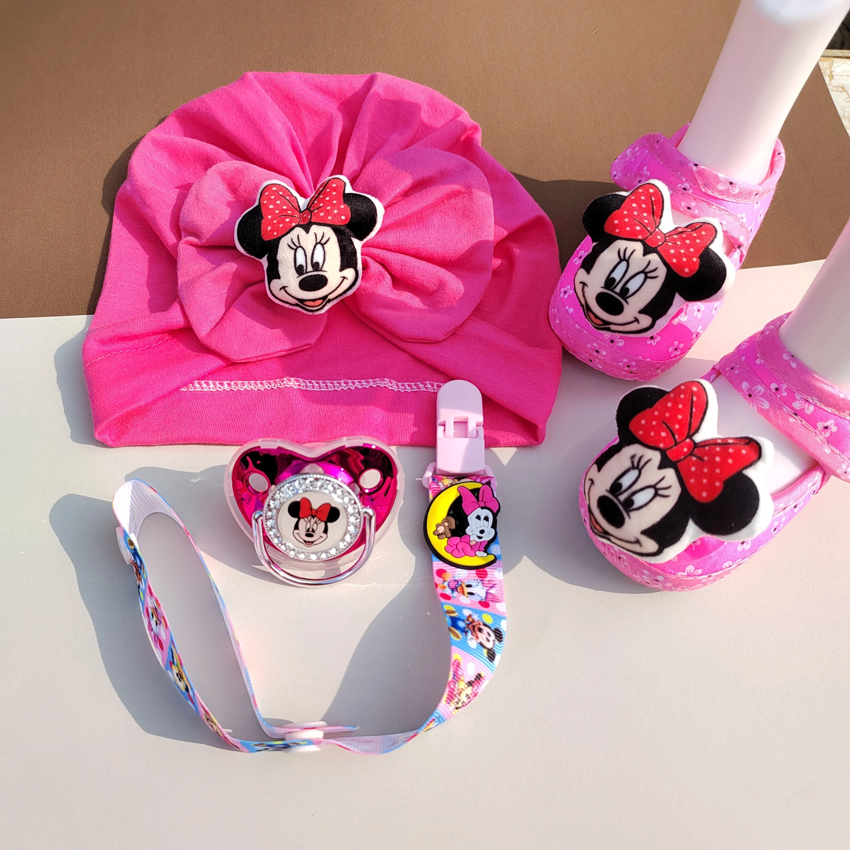 Girl Minnie Mouse hat shoes 3D image printed pacifier for baby New Disney Handmade baby shower gift with newly designed clip