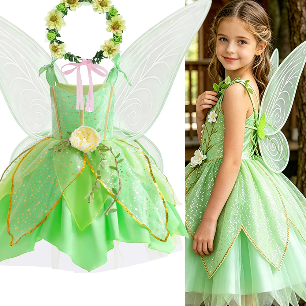 Grünes Feenkleid für Kinder mit Flügeln für Halloween, Karneval, Elfen-Cosplay-Kostüm, Geschenk 2-10 Jahre