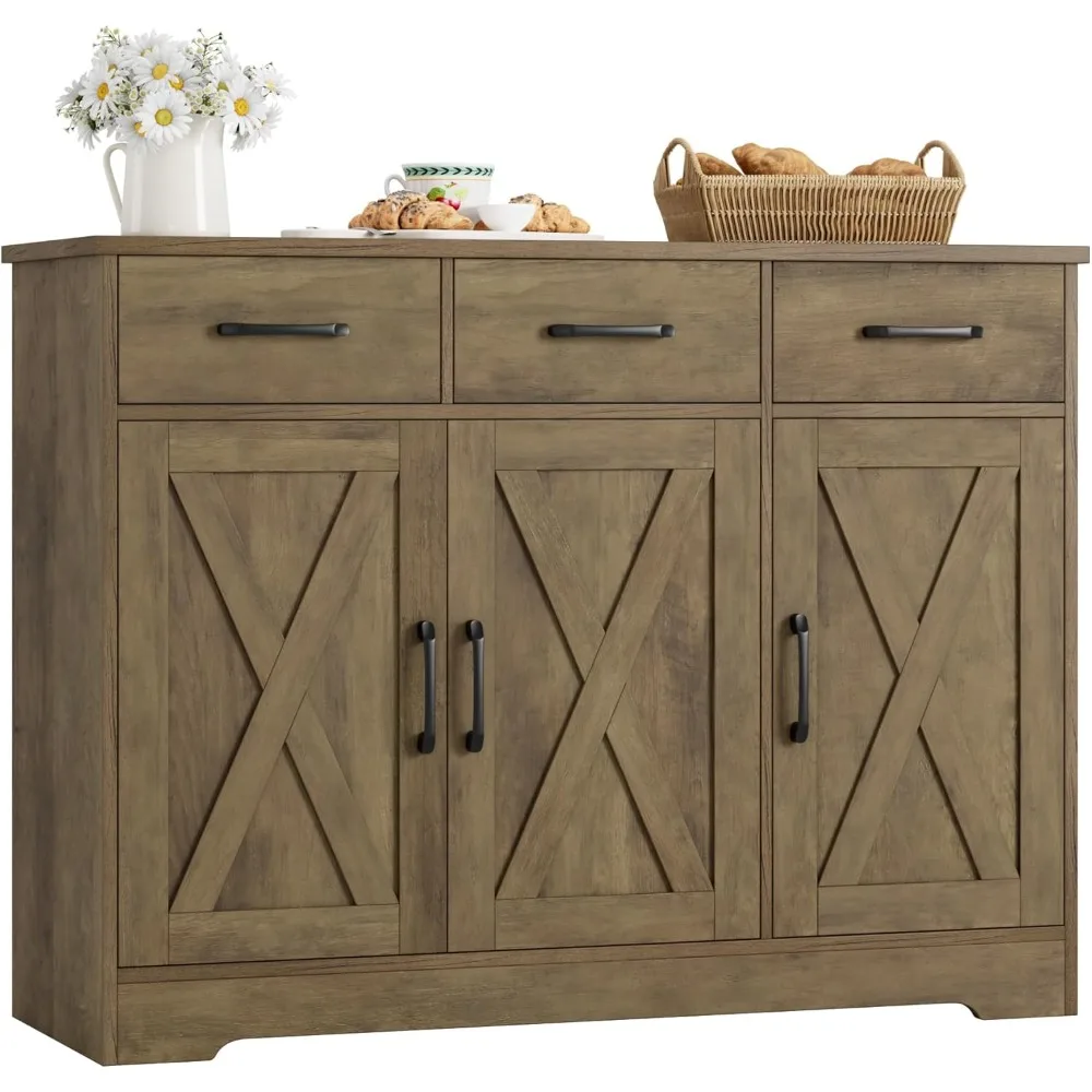 

modern farmhouse buffet sideboard cabinet, barn doors storage cabinet with drawers and shelves, wood coffee bar station for din