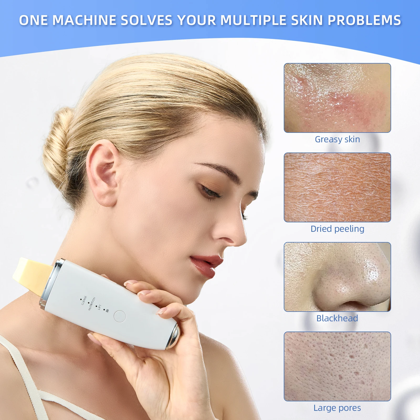 High frequency ultrasonic vibration of 24kHz can deeply clean pores remove blackheads reduce wrinkles and improve skin firmness