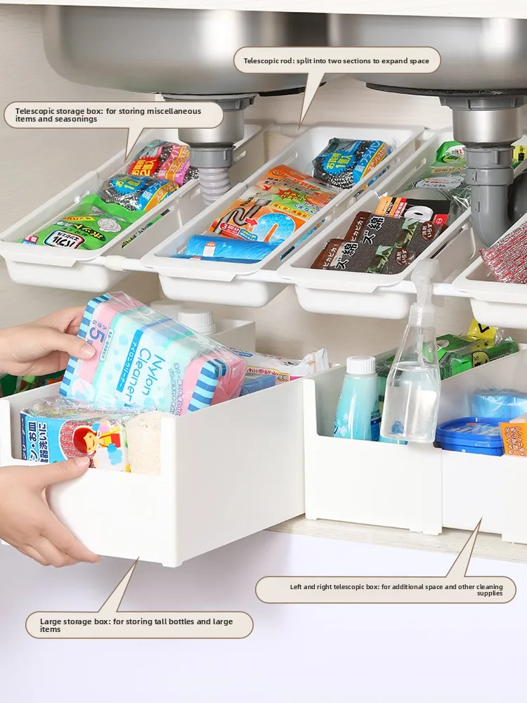 

Kitchen Cabinet Multi-Layer Partition Ra Storage Basket No-Drilling Expandable Rod Storage elf Sink Organizer Plastic