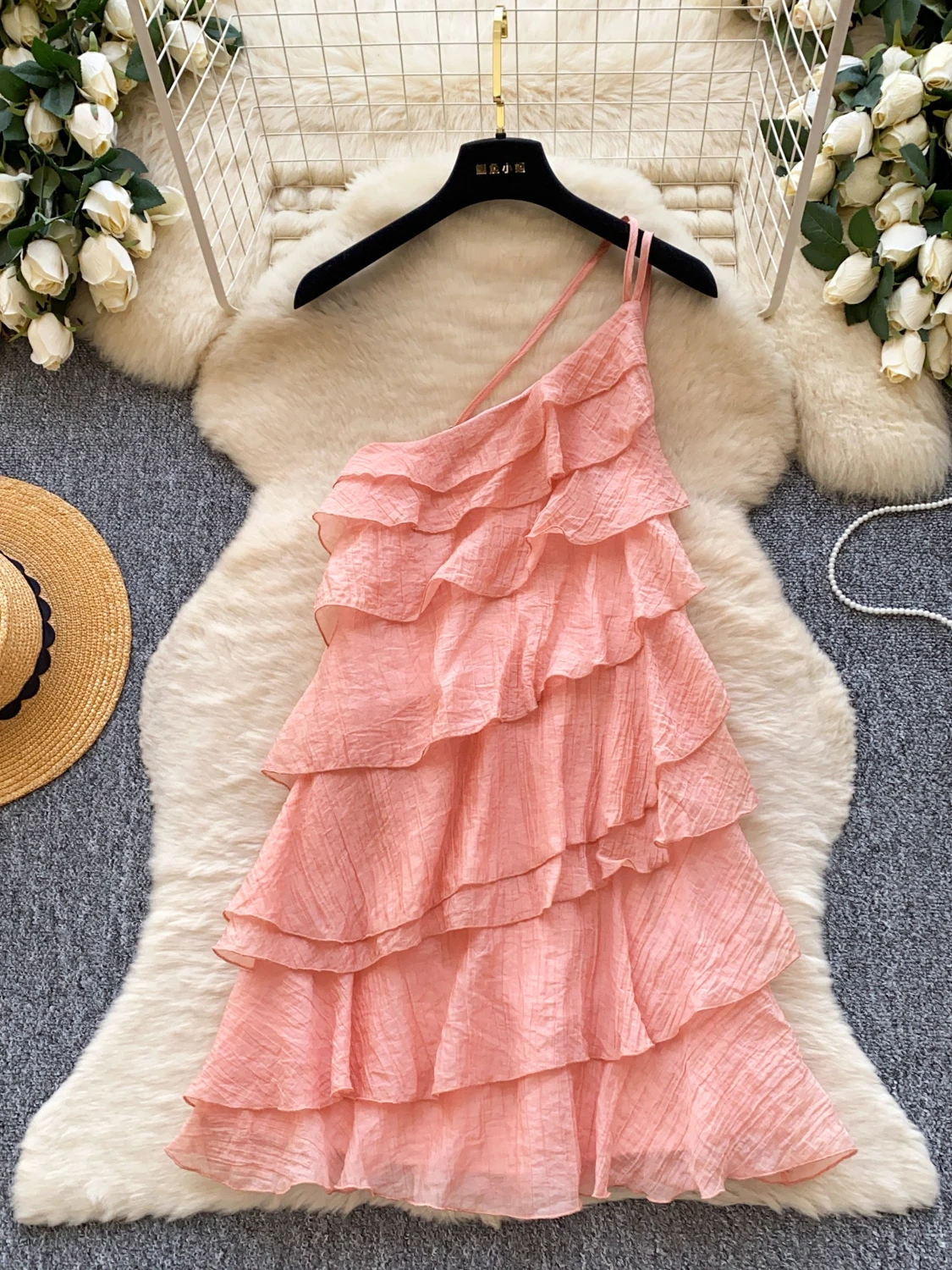 

Корейская женская юбка-миди с открытыми плечами, оборками и многослойным дизайном, стройнящая фигуру, для офиса и лета