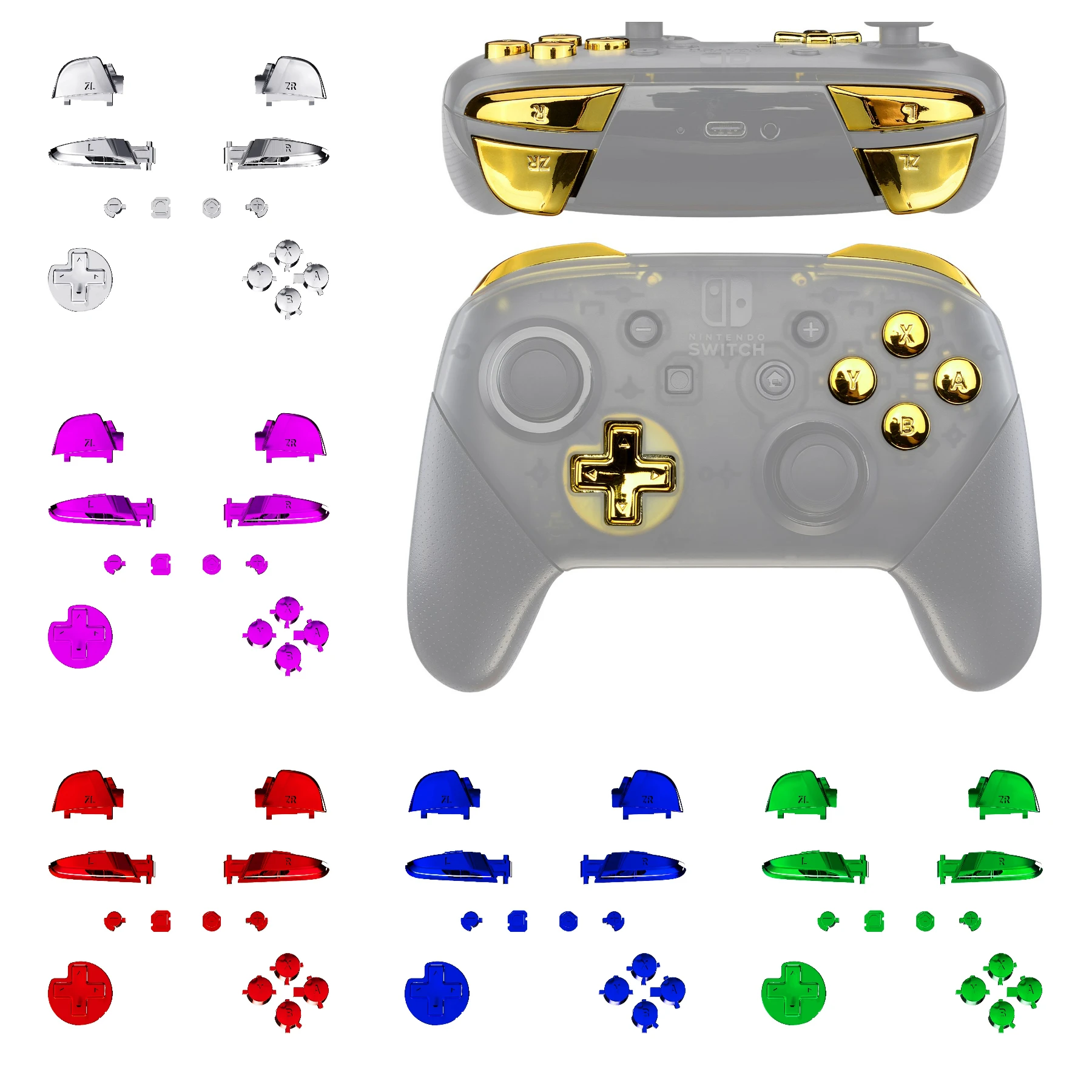 eXtremeRate DIY Replacement Full Set Buttons with Tools for Nintendo Switch Pro, Repair ABXY D-pad ZR ZL L R Keys -Glossy Series