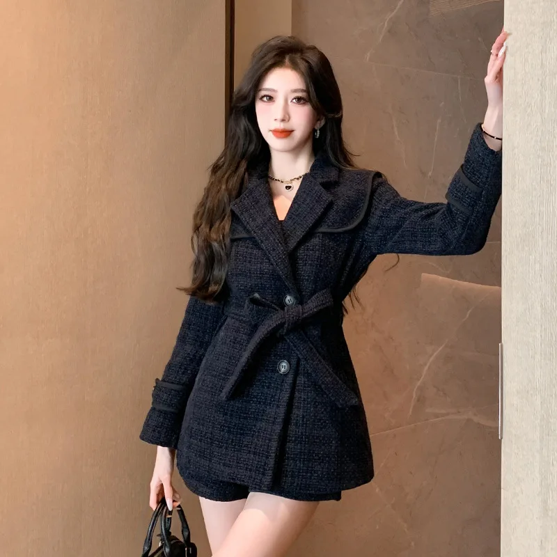 Tweed Navy Blue Women Suits 2 Piece Blazer+Short Pants Formal Office Lady Jacket Belt Business Work Wear Girl Coat Fall Outfit