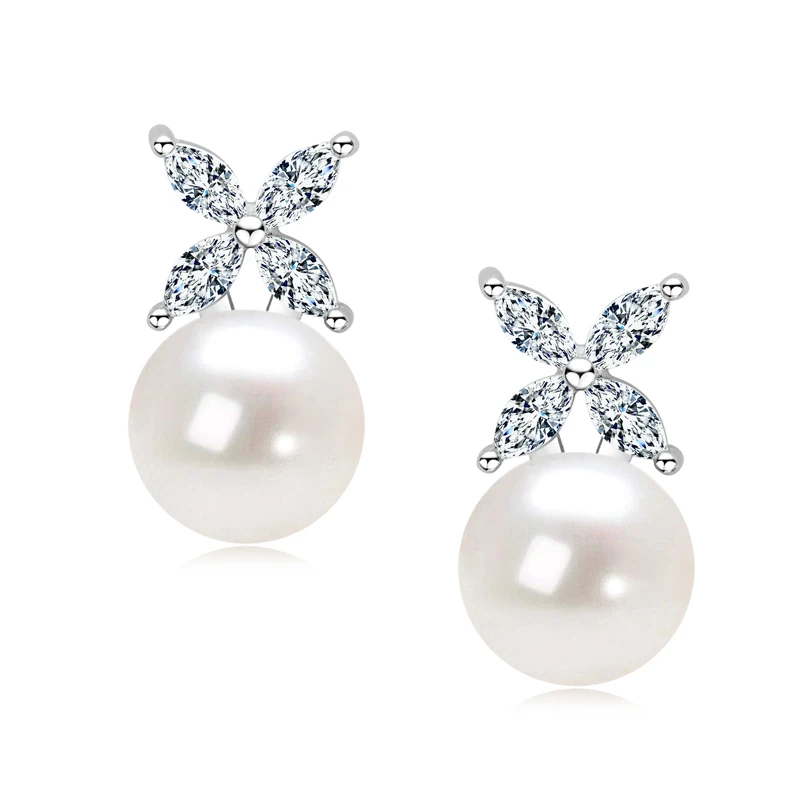 Real 925 Sterling Silver 9mm Natural Freshwater Bread Pearl Drop Stud Earrings for Women Four-leaf Clover Cubic Zirconia Earring