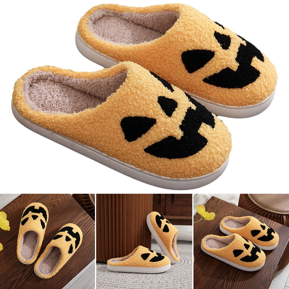 

Halloween Fuzzy Indoor Slippers Cozy Pumpkin Ghost Fluffy Fur Slippers Slip-On Plush Closed Toe Slippers Soft Household Supplies