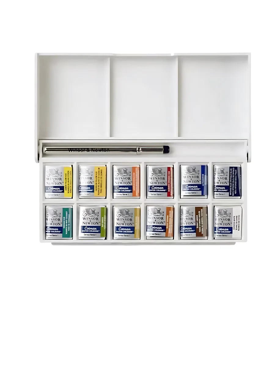 Winsor&Newton Cotman Portable Travel 12 Color Solid Watercolor Paint Sketch Half Pan Palette Watercolor Brushes Art Supplies