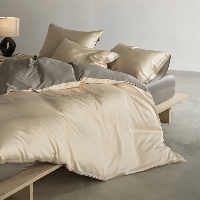 22mm Mulberry Silk Bedding Set Luxury Smooth Duvet Cover Set with Quilt Cover Bed Sheet Pillowcase for Twin Full King Queen Bed