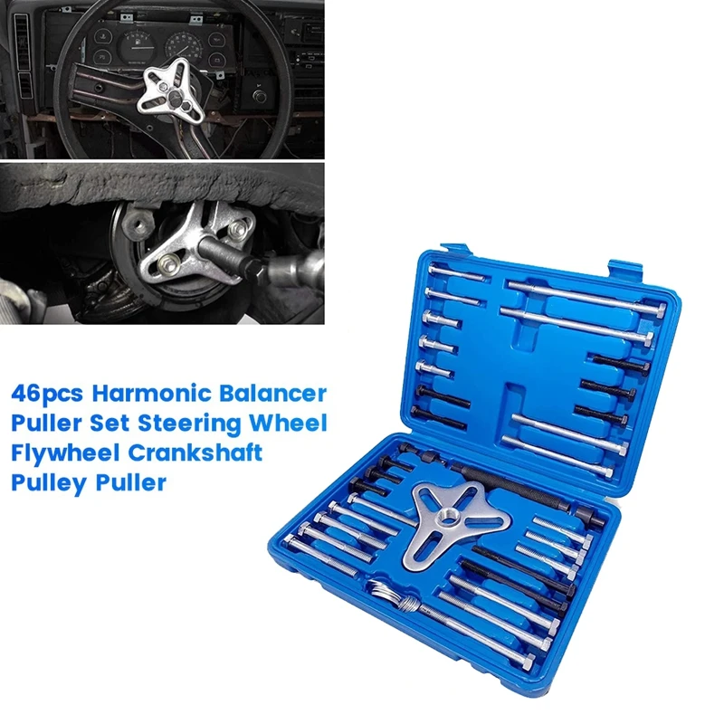 

46Pcs Harmonic Balancer Puller Kit Power Steering Pulley Puller Installer Tool Set Steering Wheel Flywheel Puller Tool