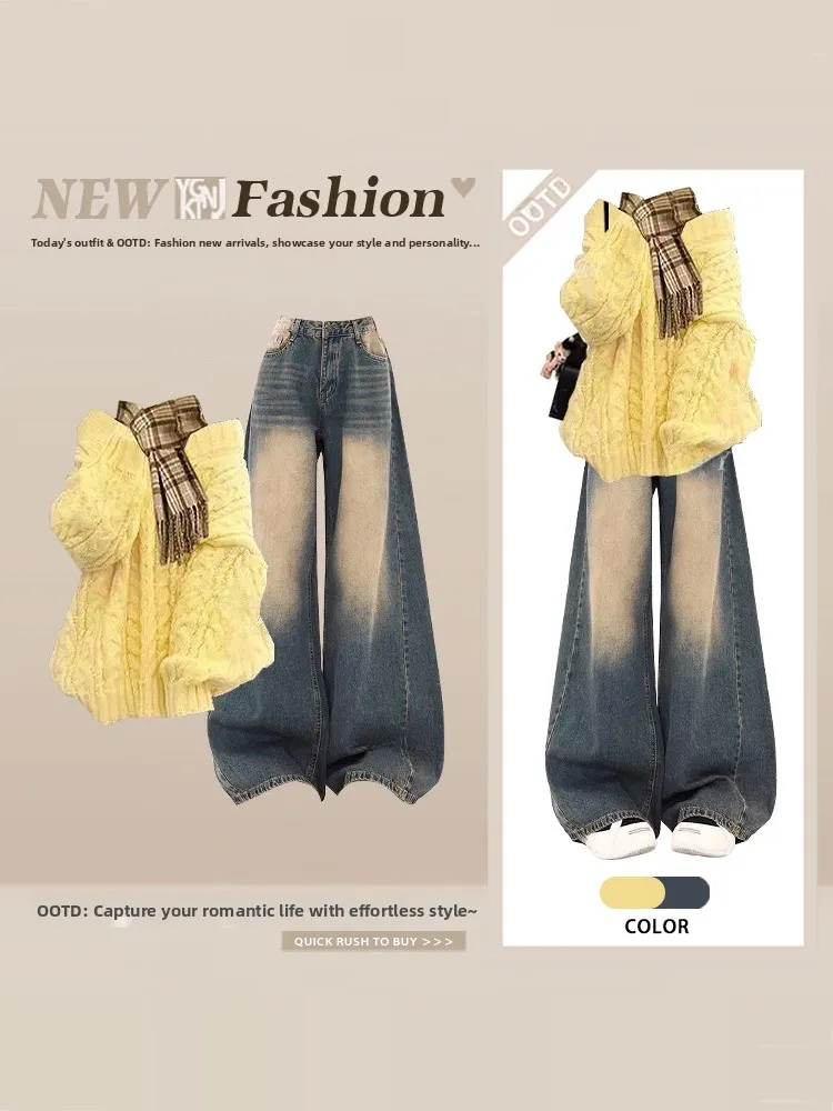 

Retro Anti-Aging Gentle Style Knitted Sweater Women Winter Loose High Waist Wide Leg Jeans Set V-Neck Long Sleeve Casual Fashion