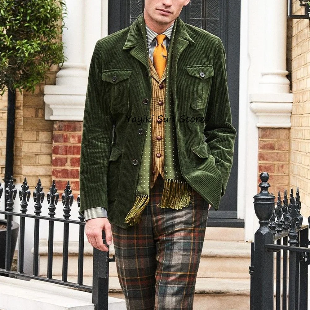 

Повседневный костюм, мужские куртки с лацканами, мужские социальные пальто, однобортные, с четырьмя карманами на пуговицах, вельветовые модные городские пиджаки, костюмы