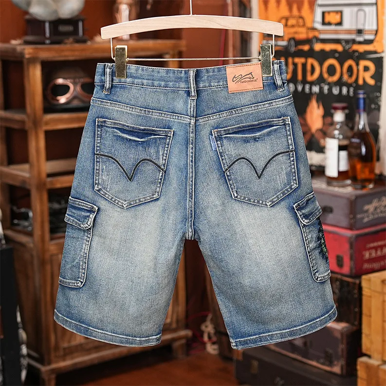 Multi-Pocket Embroidered Cargo Denim Shorts Men's Loose Straight Plus Size 5-Pocket Casual Streetwear