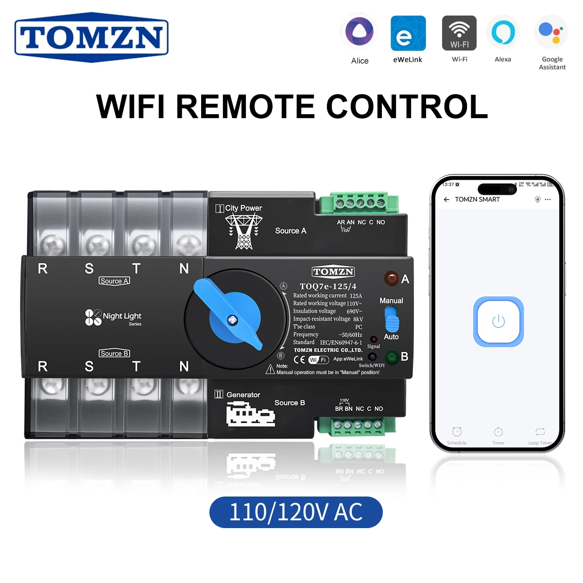 TOMZN 110V 120V Three Phase WIFI Smart ATS Dual Power Automatic Transfer Selector Switch Uninterrupted 4P UPS EWeLink Din Rail