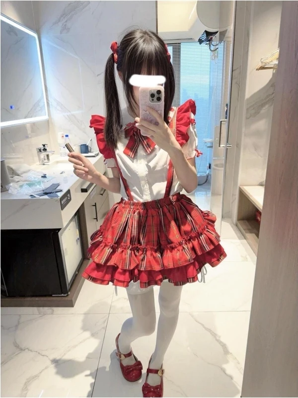 

Cute Doll Collar Top And Overalls Set Summer New Style Fashion Women's Clothing Short Sleeve High Waist Plaid Pattern