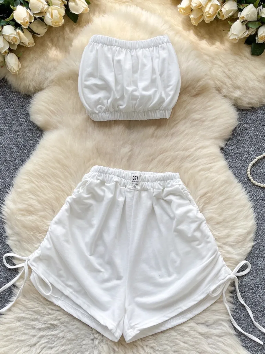 Foamlina Dopamine Pure Desire abgeschnittenes Bandeau-Top für Damen, Sommer, elastische Taille, weites Bein, Kordelzug, Shorts, zierliches zweiteiliges Set