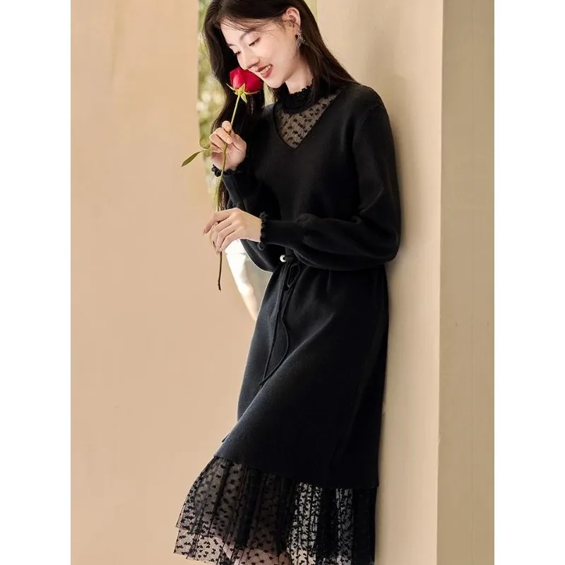 

Fashionable Loose Knit Dress Black Patchwork Mesh Long Sleeve Dresses for Women 2024 Autumn/Winter Knitted Sweater Pullover N84