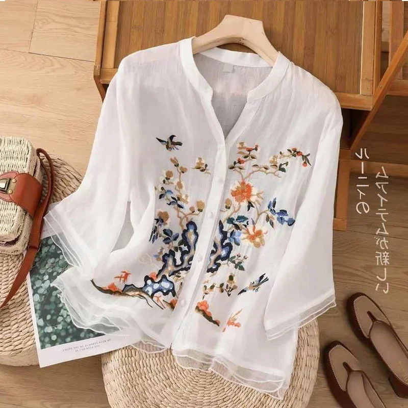 

Свободные топы из хлопка и льна, женская новинка 2024, летняя удобная рубашка с вышивкой, новая рубашка с пряжкой в китайском стиле