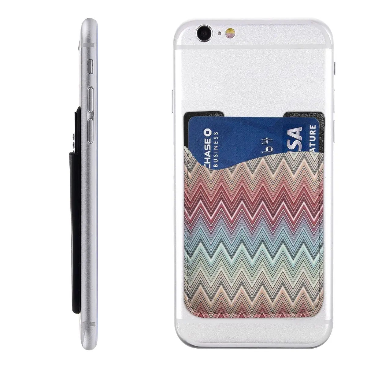 Multicolor Chic Zigzag Cell Phone Card Holder for Back of Phone Custom PU Leather Boho Chic Zig Zag Stick on Wallet Case