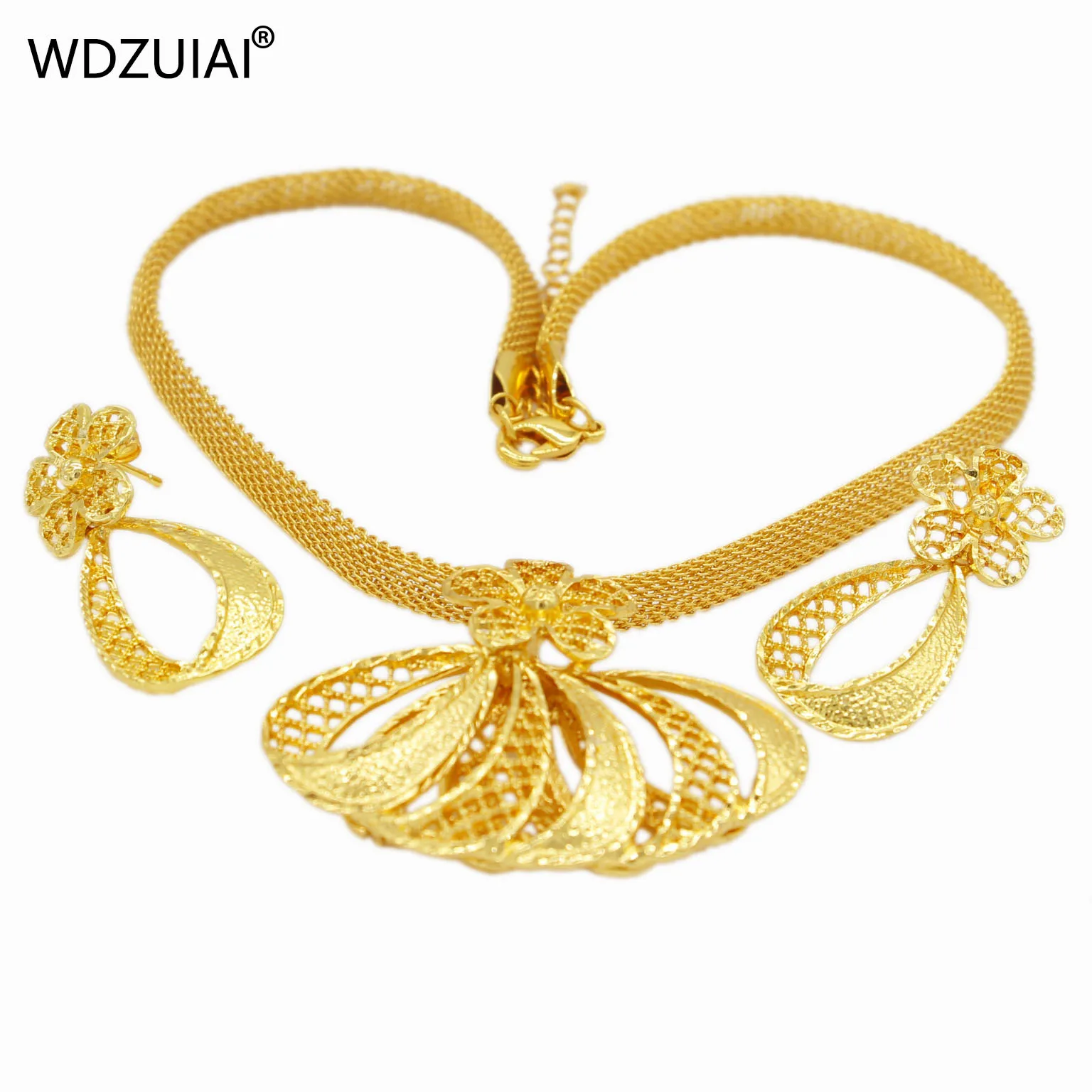 WDZUIAI Dubai Gold Color Pendent Necklace&Earrings Jewelry Set African French Women Girls Party Jewelry Arab Wedding Jewelry