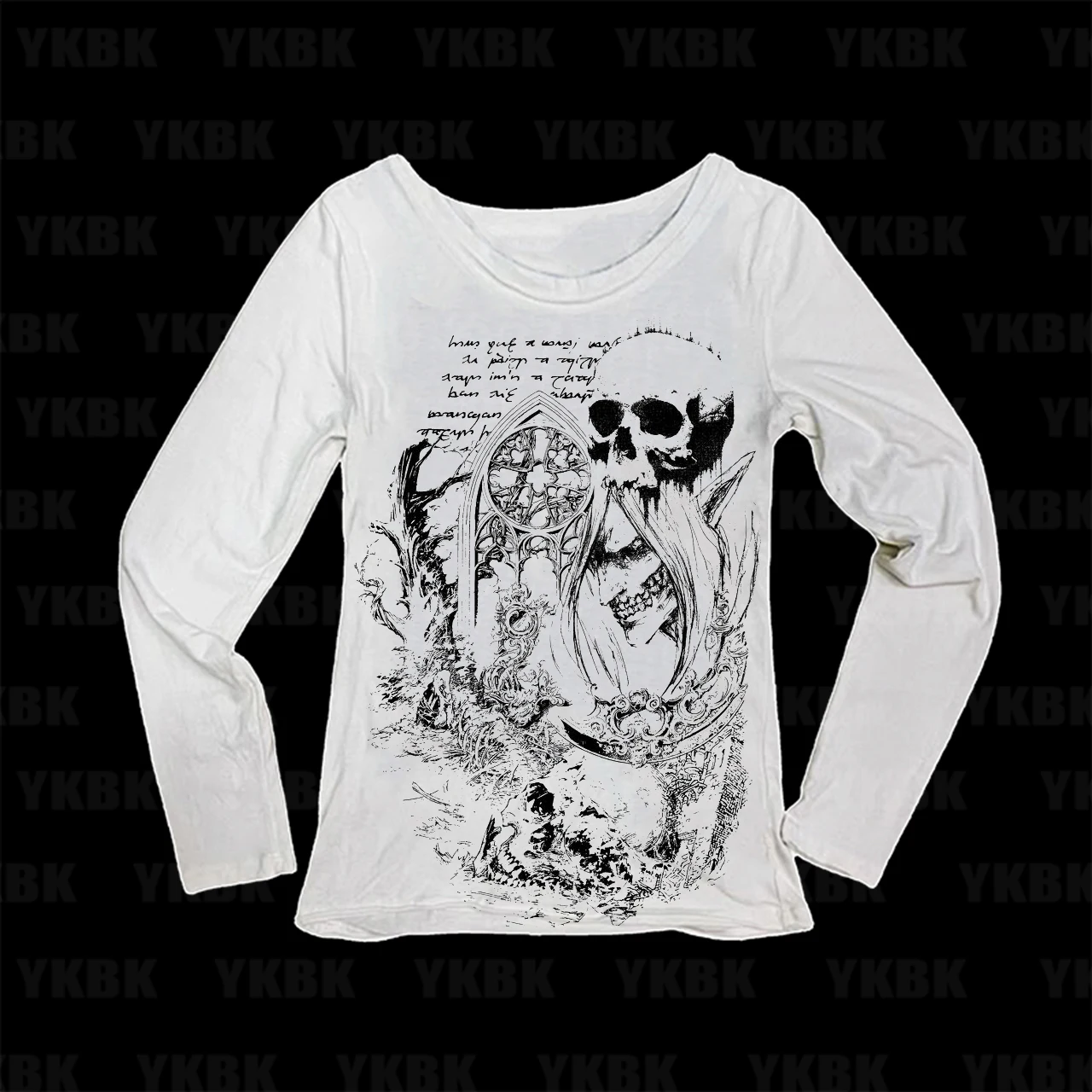 Goth Alt Women Medieval Church Window Skull Sketch Print Long Sleeve Tee Scoop Neck Slim Y2K Edgy Dark Fitted Top