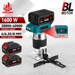 ONEVAN-recortadora manual eléctrica sin escobillas, 5 velocidades, enrutador de madera inalámbrico, herramientas de grabado con ranuras para batería Makita de 18V