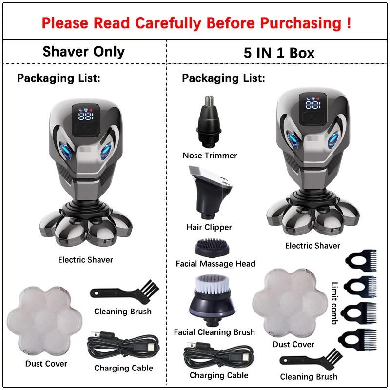 5 IN 1 Electric Shaver For Men Bald Head Hair Clipper Nose Trimmer 7 Floating Blade Head Shaving Rechargeable Beard Knife Razor
