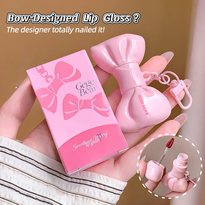 GEGE BEAR Bow Lip Gloss Non-Sticky High Shine Moisturizing Tinted Lip Oil Long Lasting Plumping Glossy Lip Tint Keychain Makeup