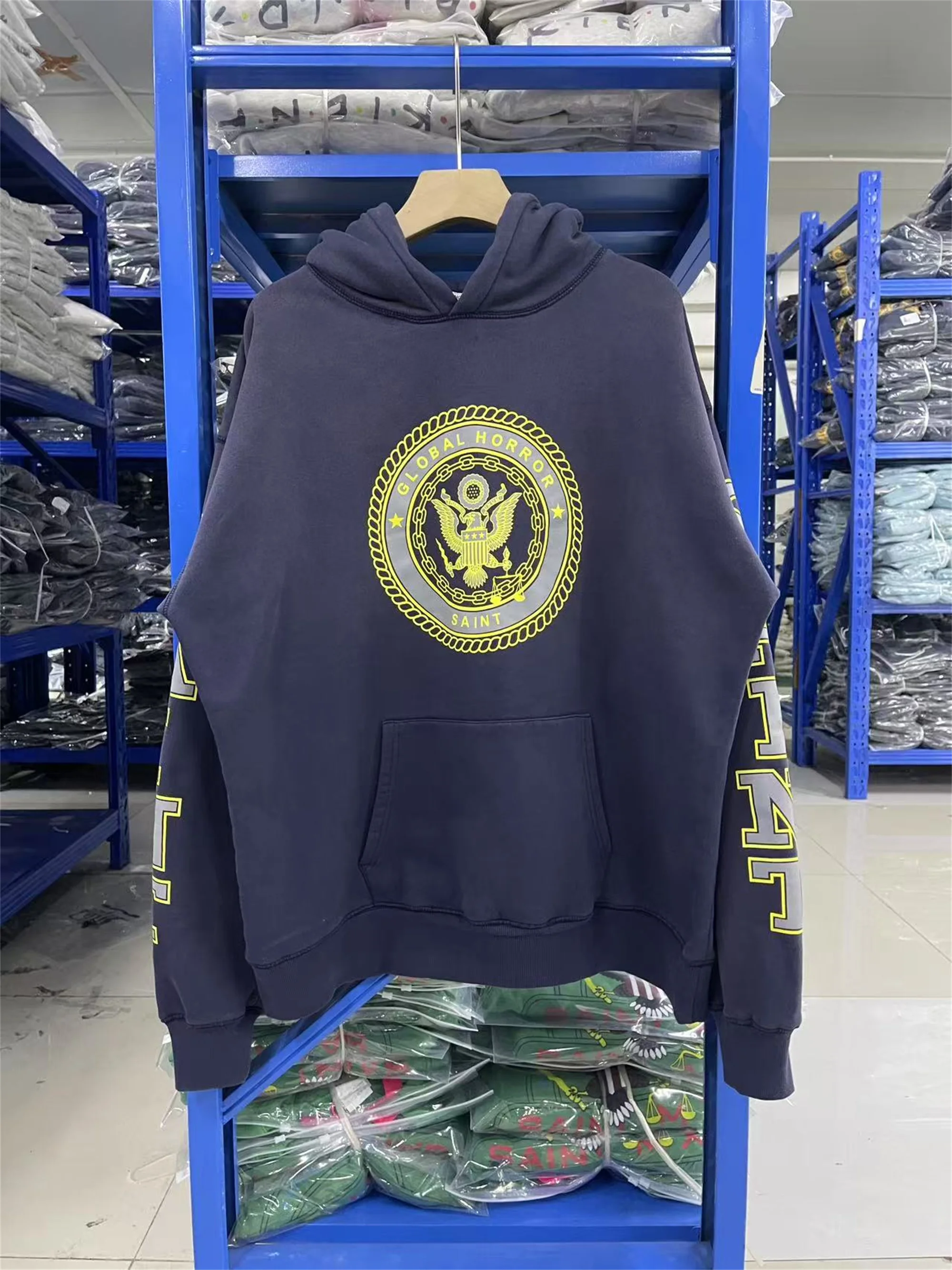 

SAINT OF MICHAEL 25SS "GLOBAL HORROR" Navy Medal Letter Printing Washed Vintage Hoodie Sweater Pants Set