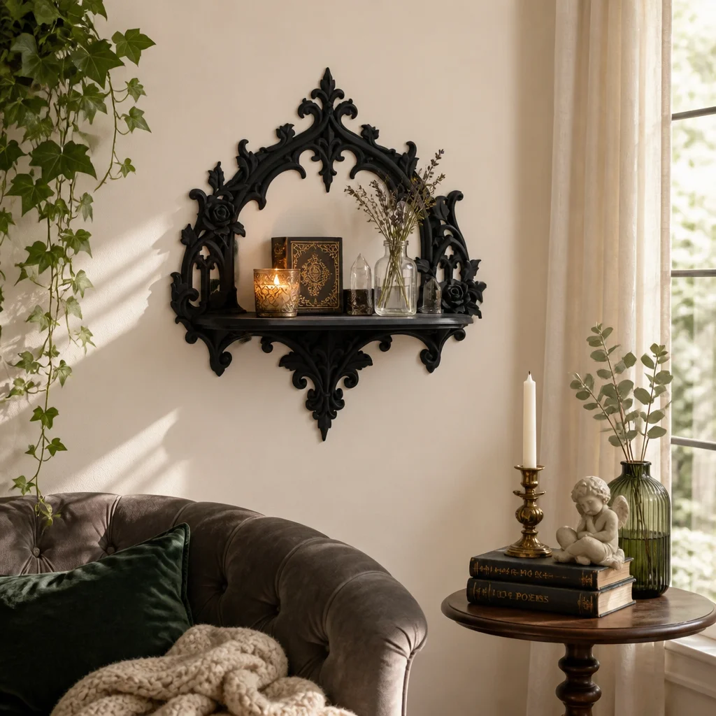 Gothic Rose Arch Wall Shelf, Black PLA Plastic Ornate Floating Display Shelf for Dark Academia Witchy Vintage Home Decor
