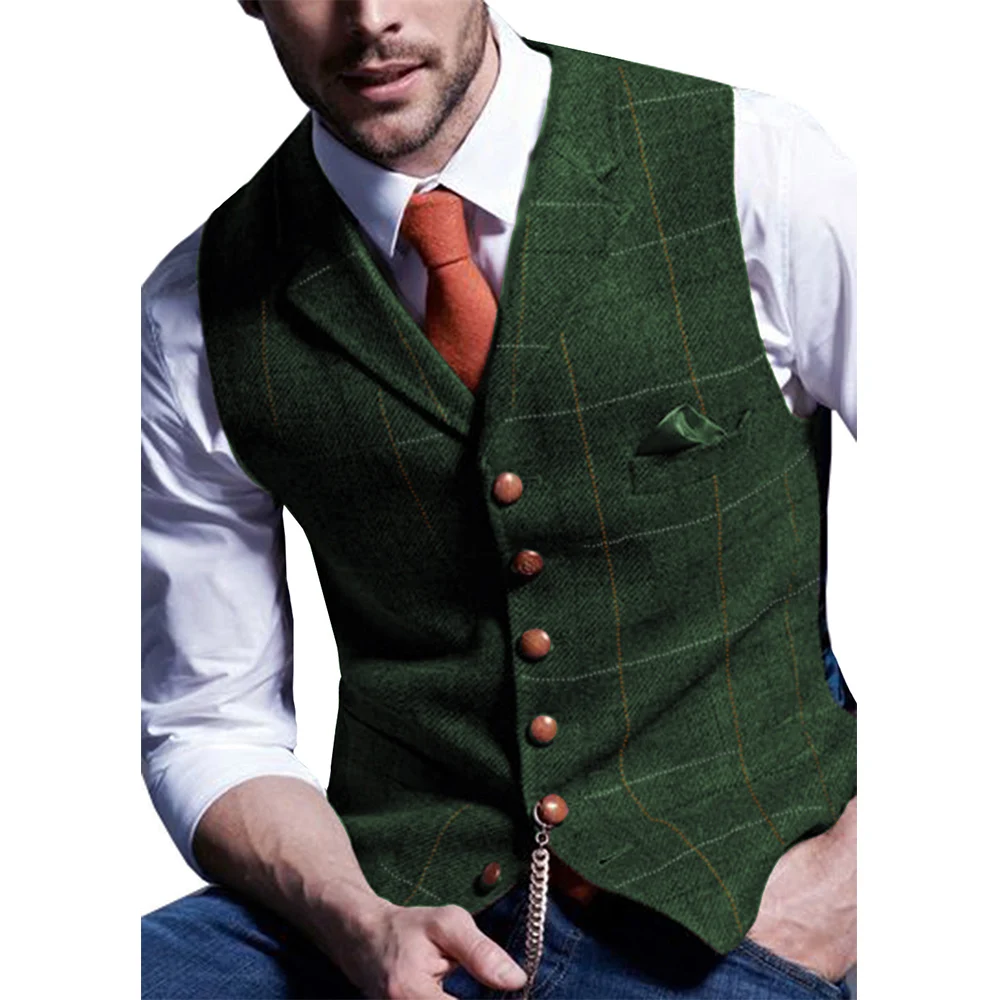 

Gentleman Men's Army Green Vest Plaid Soft Wool Jacket Tweed Business Waistcoat Steampunk Blazer For Wedding Groom