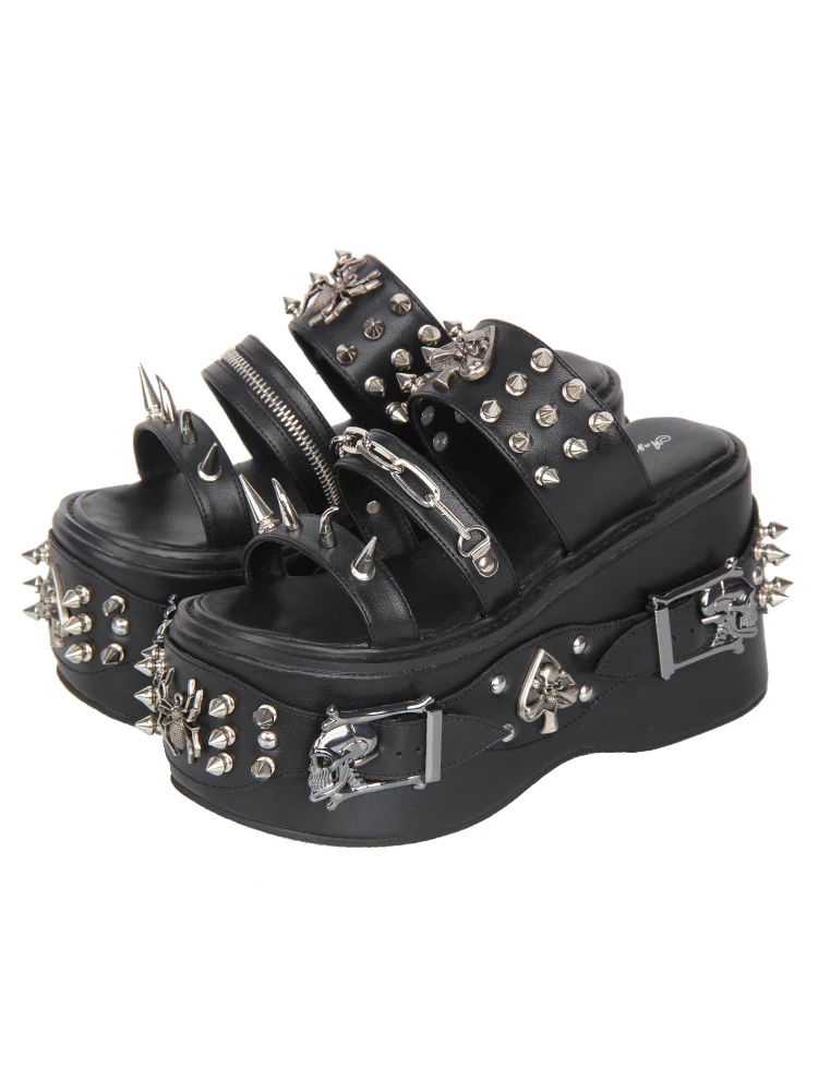 

Новинка 2024 года, милые тапочки из губки в стиле Лолиты для тяжелой промышленности с заклепками и декоративными высокими каблуками в стиле ретро, Лолита, готический стиль