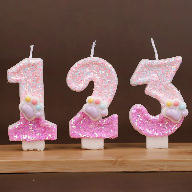 Velas con números de cumpleaños, vela con forma de garra de gato con purpurina rosa, decoración de pasteles, fiesta de cumpleaños para niña, decoración para hornear, recuerdo para niños