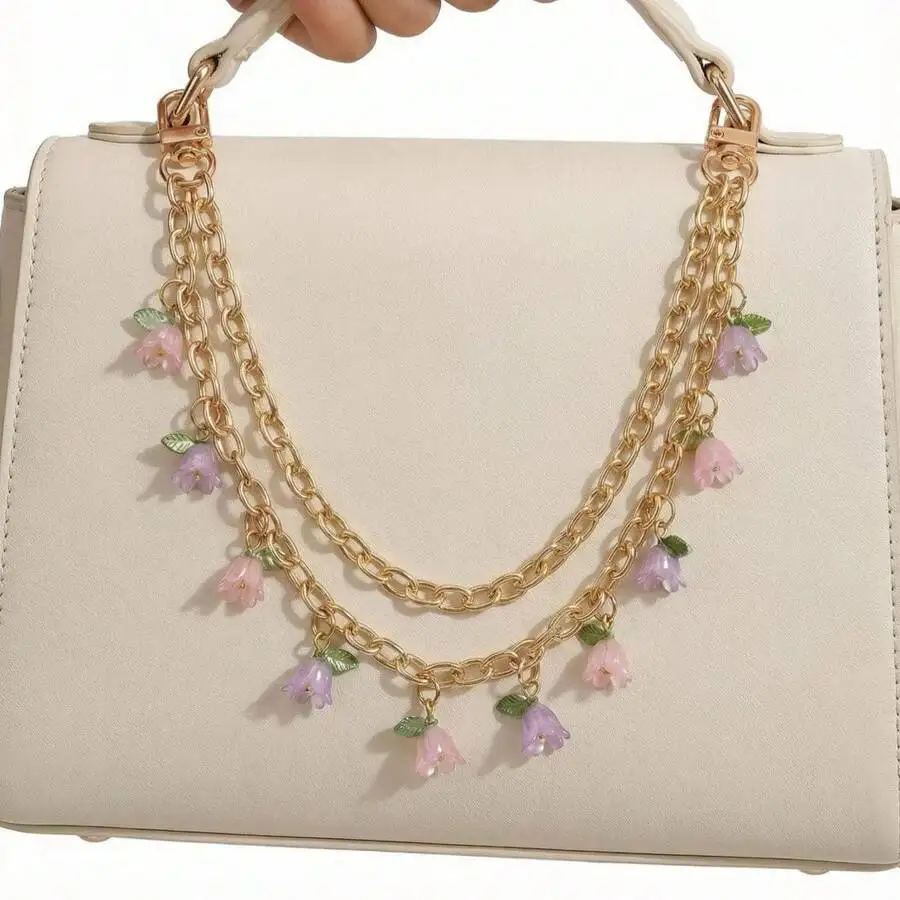 

Floral Lily Of The Valley Bag Charm With Gold Tone Chain Pendant For Women Handbag Accessory
