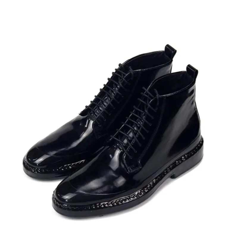 Fashion Runway Men Shiny Black Cow Leather Lace Up Ankle Boots Stylish Club Wedding Office Formal High Top Dress Leather Boots