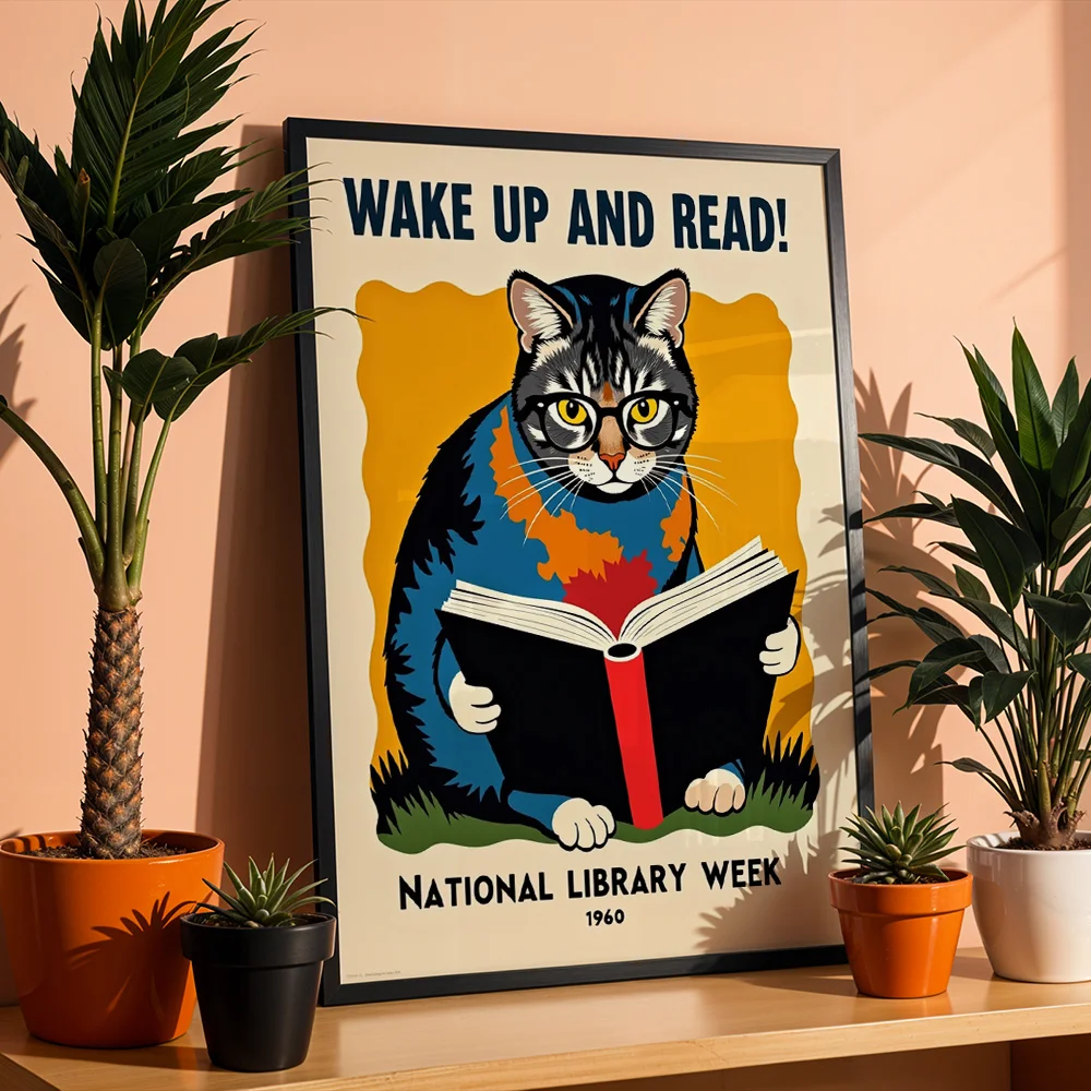 Vintage Reading Cat With Glasses Canvas Poster Wall Art,2D Print Wall Decor,Fun Home Gift For Living Room And Study