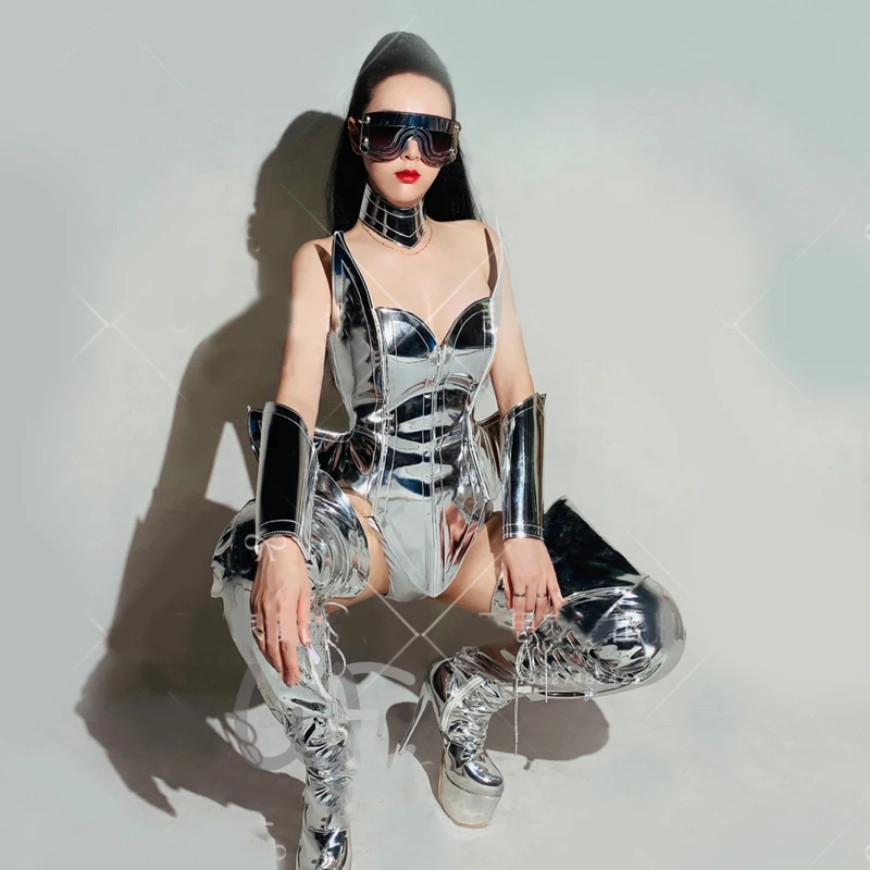 Punk Style Silver Suit Gogo Dance Costumes Bar Nightclub Dj Ds Party Sexy Pole Dance Outfit Women Stage Rave Clothes XS6061