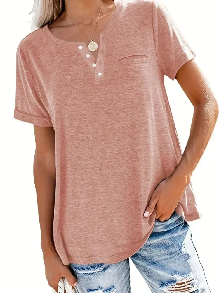 حجم كبير 1XL-8XL المرأة أزياء الصيف نمط جديد فضفاض قمم السيدات عارضة الخامس الرقبة قصيرة الأكمام جيب تي شيرت