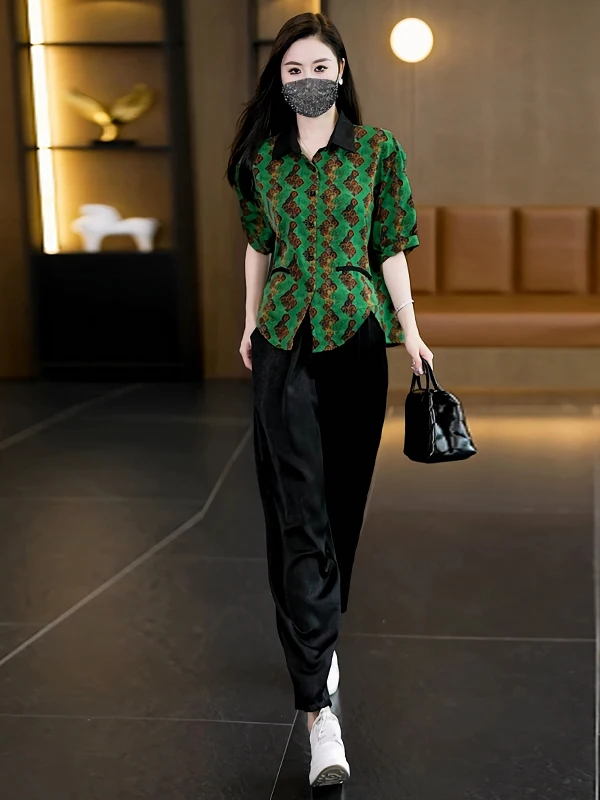 

Faionable Loose Summer 2025 Two-Piece Set Meat Concealing Slimming Sle Polyester ort Sve Button Collar Long Pants
