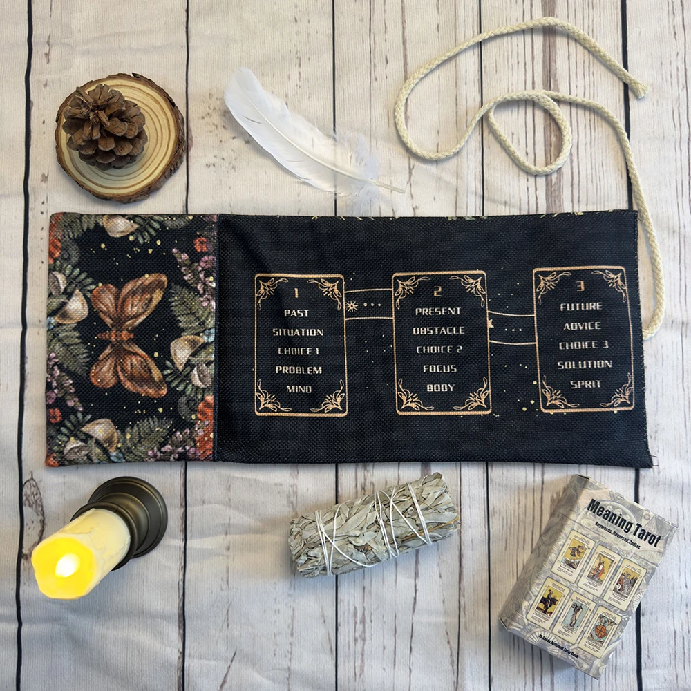 Mystische Schmetterlings- und Stern-Tarotkarten-Beutel, schwarze Polyester-Aufbewahrungstasche mit Blumenmuster und goldenen Akzenten, Astrologie- und Wahrsagerei-Werkzeuge