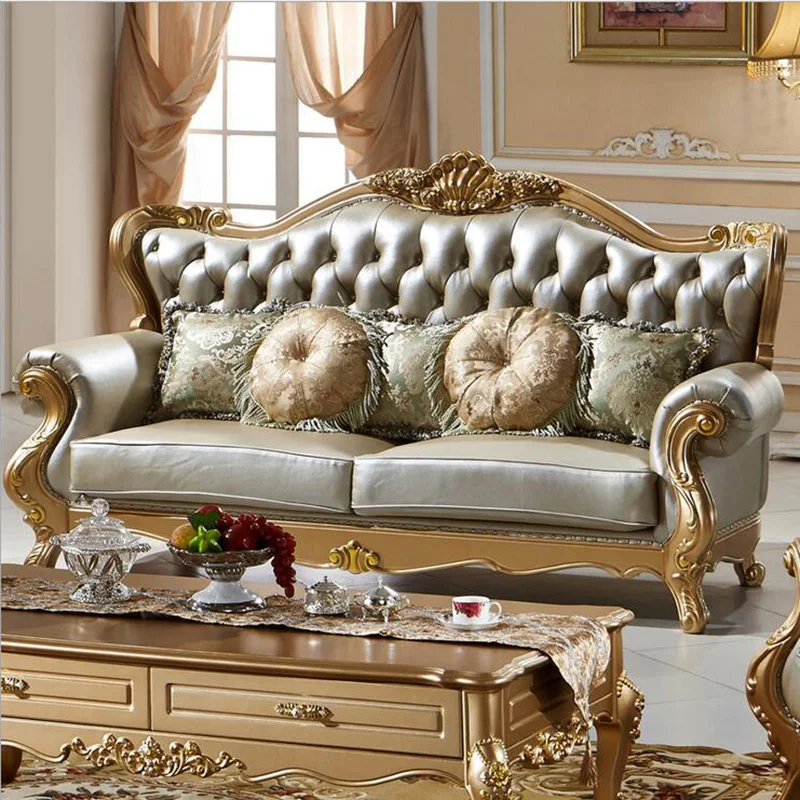 high quality  European  antique living room sofa furniture genuine leather set p10089