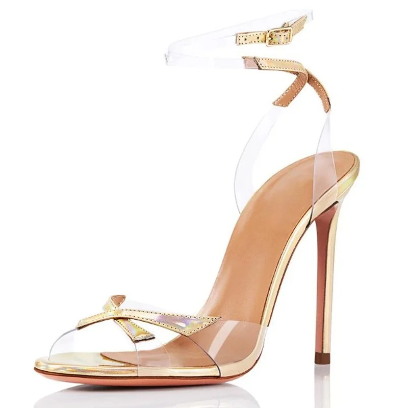 

Mixed Colors Clear PVC Gold Leather Patchwork Cross Strap Women Sandals Iridescent Metallic Peep Toe Ankle Strap Shoes