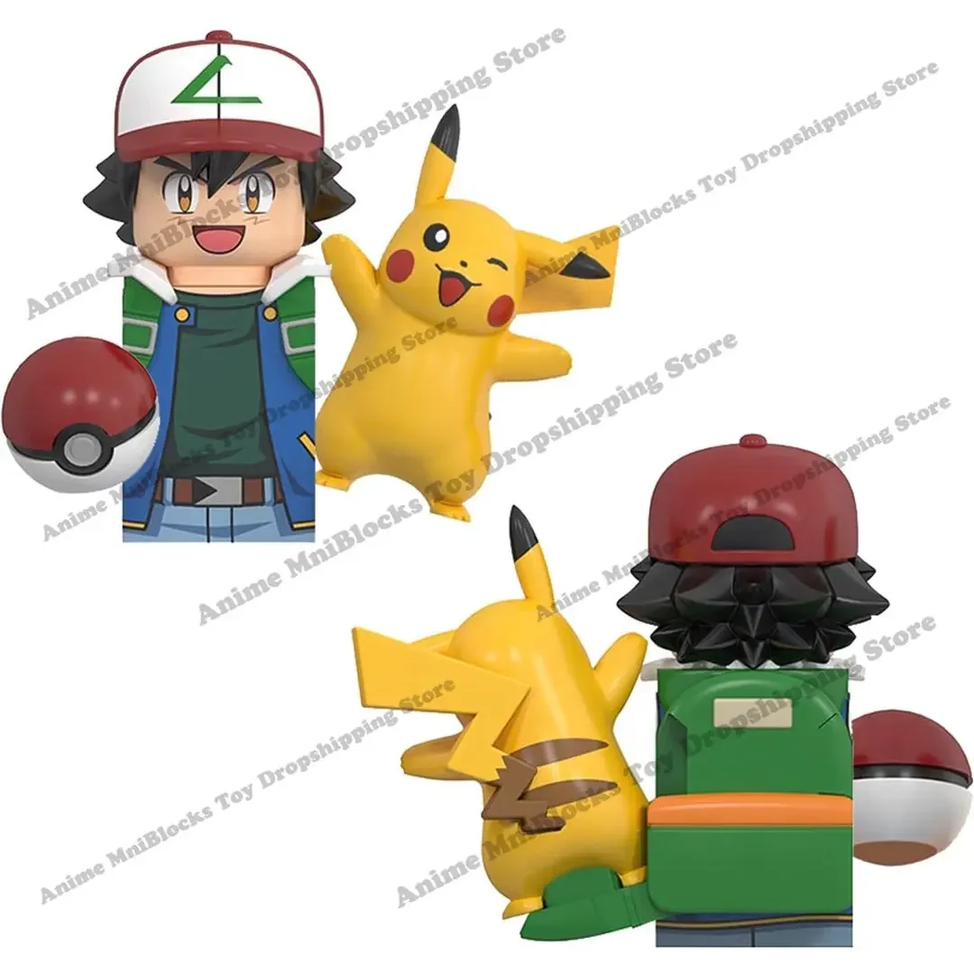 WM Blocks Pokemon Ash Ketchum Poké Ball Anime Bricks Pikachu Building Blocks Dolls Mini Action Toy Figura Assembly Toys EM001